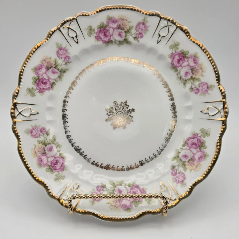 Set Of 5 Three Crown China Germany Floral Rose Salad / Dessert Plates Gold Gilt